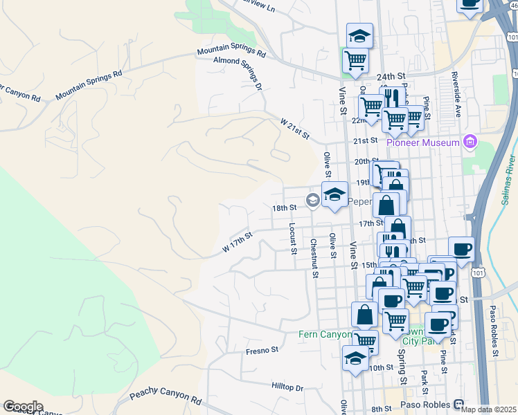 map of restaurants, bars, coffee shops, grocery stores, and more near 100 Piedmont Place in Paso Robles