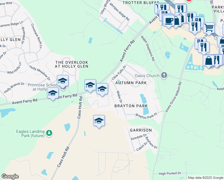 map of restaurants, bars, coffee shops, grocery stores, and more near 217 Cline Falls Drive in Holly Springs