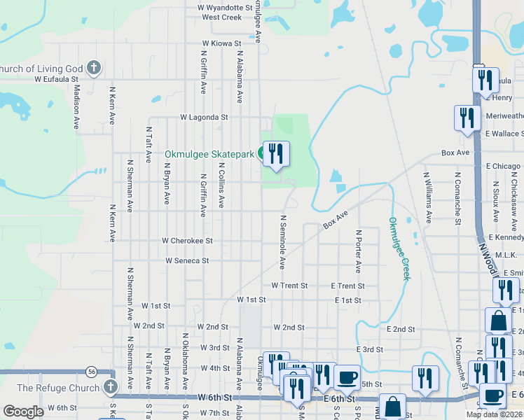 map of restaurants, bars, coffee shops, grocery stores, and more near 1003 N Okmulgee Ave in Okmulgee