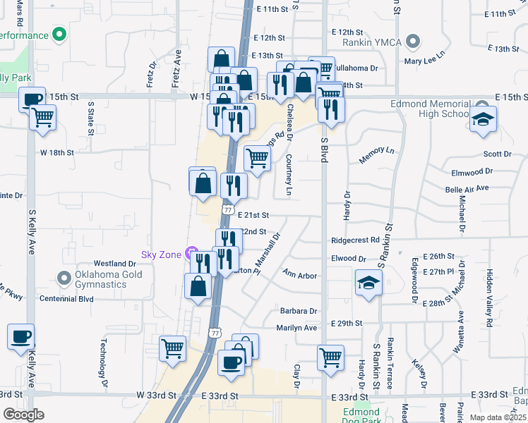 map of restaurants, bars, coffee shops, grocery stores, and more near 31 East 21st Street in Edmond