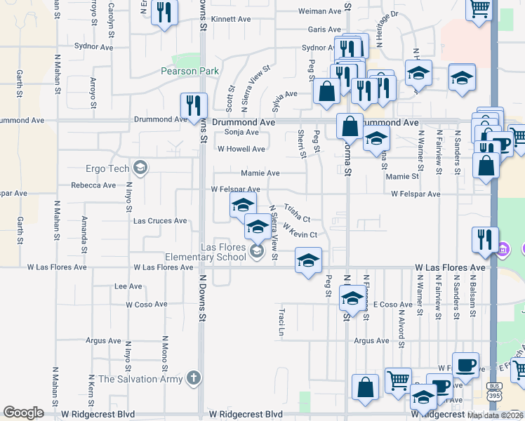 map of restaurants, bars, coffee shops, grocery stores, and more near 715 Trisha Ct in Ridgecrest