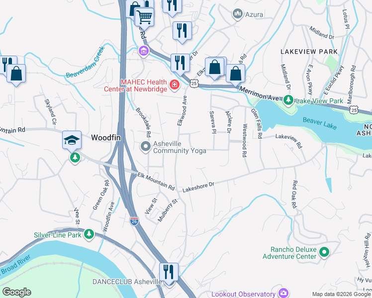 map of restaurants, bars, coffee shops, grocery stores, and more near 15 Ginell Circle in Asheville