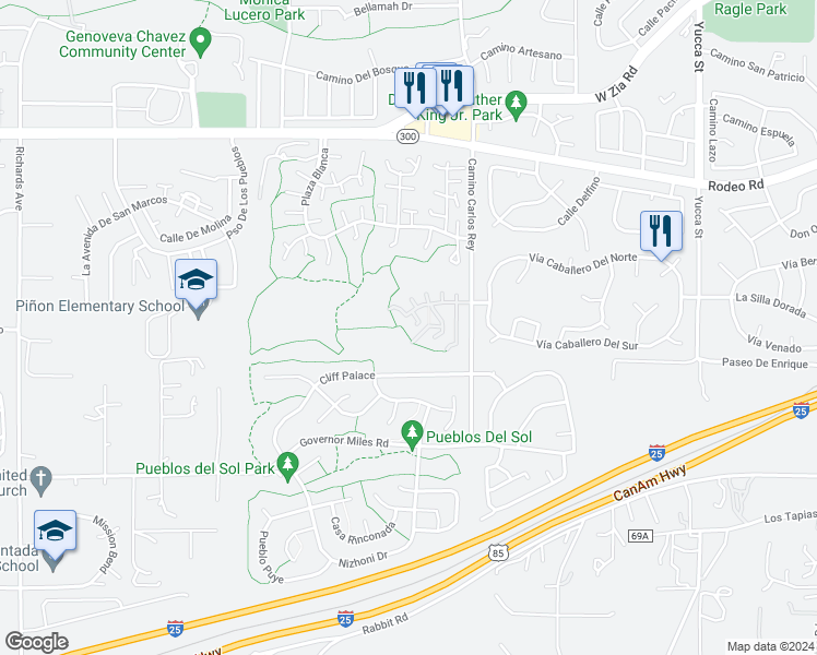 map of restaurants, bars, coffee shops, grocery stores, and more near 2876 Plaza Verde in Santa Fe