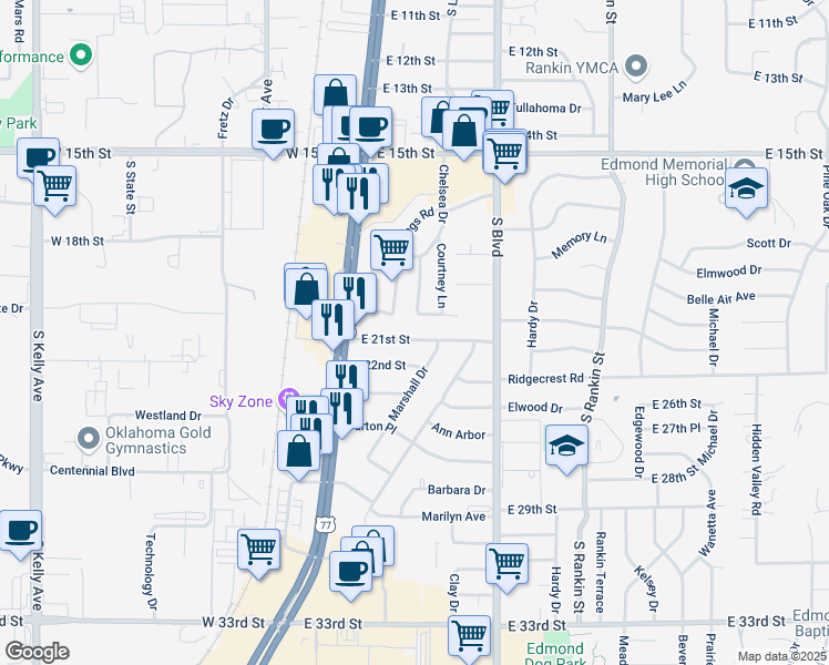 map of restaurants, bars, coffee shops, grocery stores, and more near 31 East 21st Street in Edmond