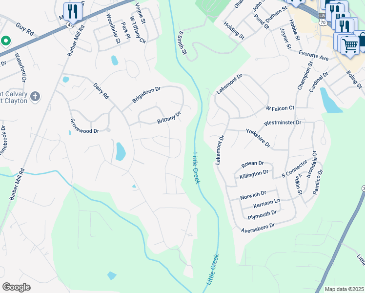 map of restaurants, bars, coffee shops, grocery stores, and more near 567 Rolling Creek Circle in Clayton