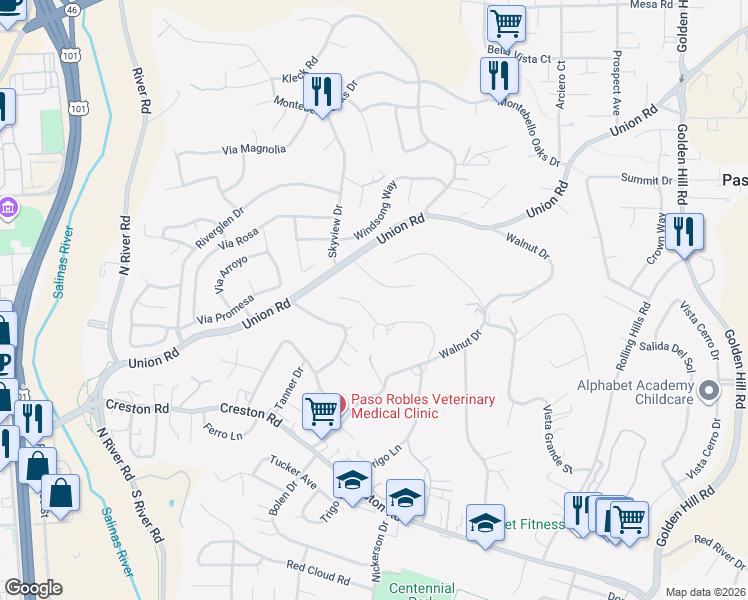map of restaurants, bars, coffee shops, grocery stores, and more near 715 Pino Way in Paso Robles