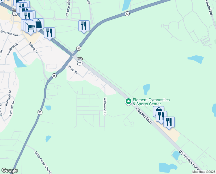 map of restaurants, bars, coffee shops, grocery stores, and more near 9451 U.S. 70 Business in Clayton