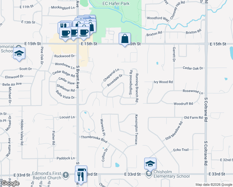 map of restaurants, bars, coffee shops, grocery stores, and more near 1905 Ridgecrest Road in Edmond