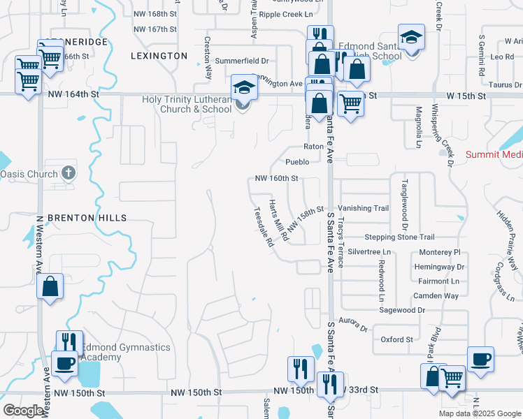 map of restaurants, bars, coffee shops, grocery stores, and more near 16012 Teesdale Road in Edmond