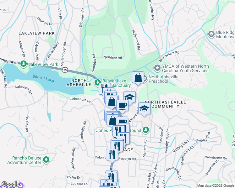 map of restaurants, bars, coffee shops, grocery stores, and more near 99999 Beaver Point Park in Asheville