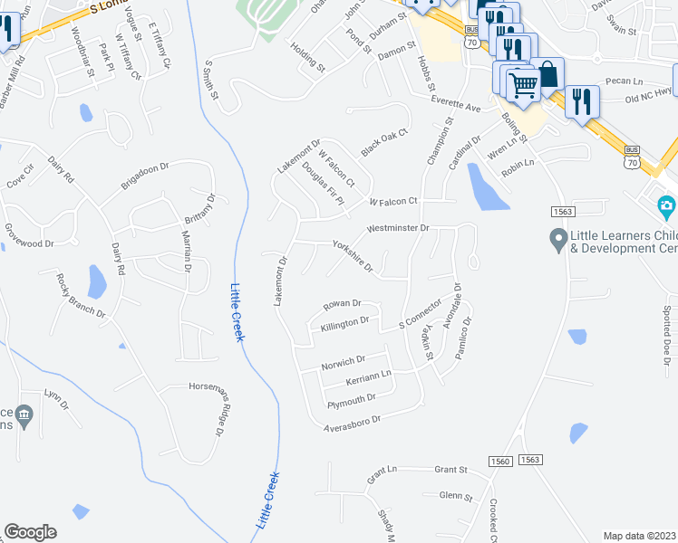 map of restaurants, bars, coffee shops, grocery stores, and more near 506 Westminster Drive in Clayton