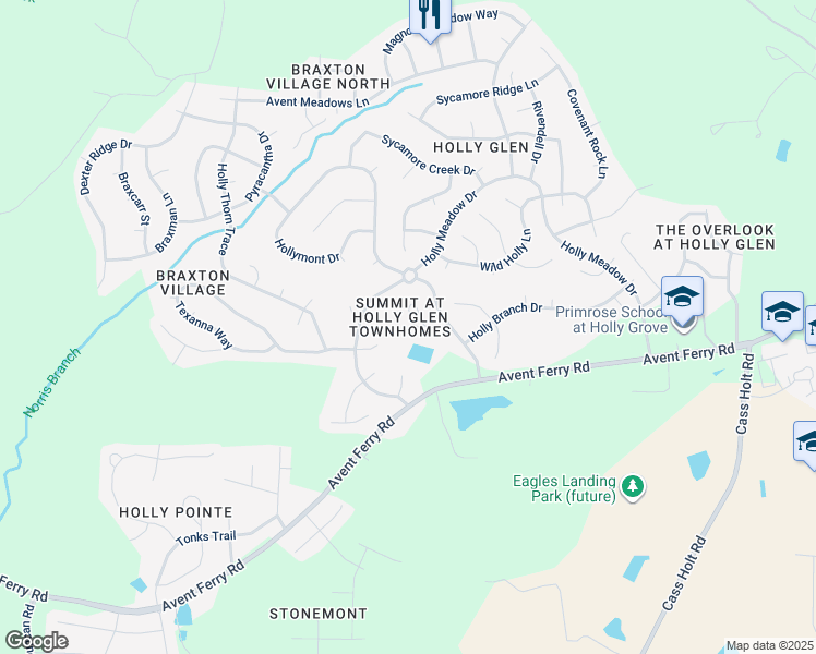 map of restaurants, bars, coffee shops, grocery stores, and more near 120 Summit Oaks Lane in Holly Springs