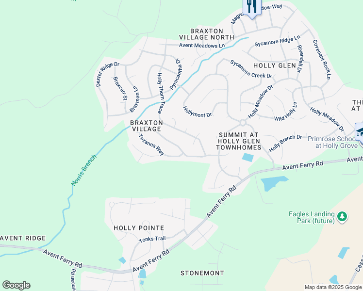 map of restaurants, bars, coffee shops, grocery stores, and more near 408 Texanna Way in Holly Springs