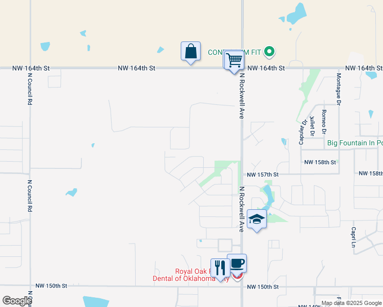 map of restaurants, bars, coffee shops, grocery stores, and more near 7308 Northwest 159th Terrace in Edmond