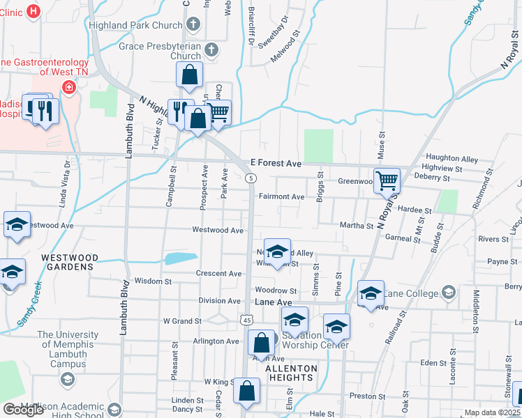 map of restaurants, bars, coffee shops, grocery stores, and more near 1210 North Highland Avenue in Jackson