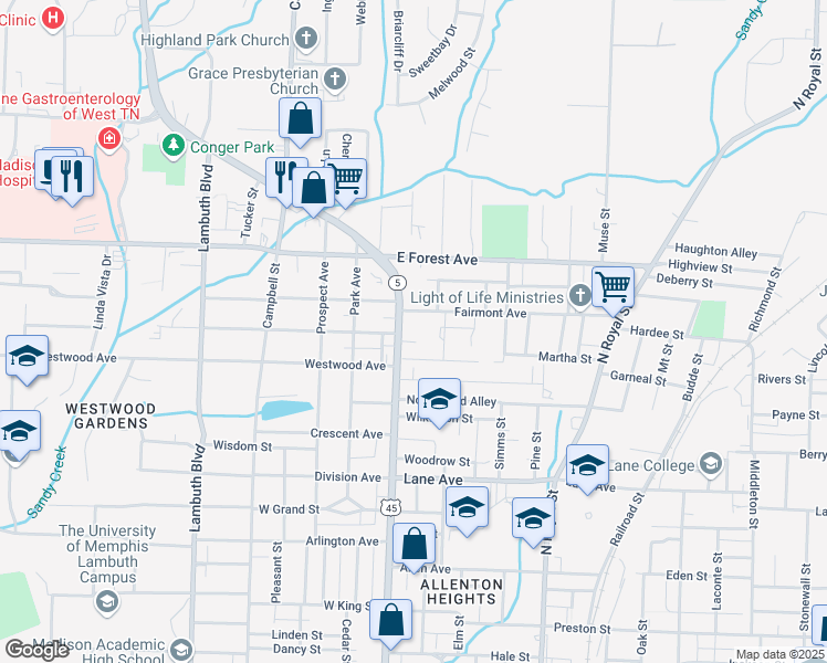 map of restaurants, bars, coffee shops, grocery stores, and more near 1210 North Highland Avenue in Jackson