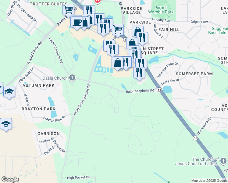 map of restaurants, bars, coffee shops, grocery stores, and more near 2000 Finley Exchange Drive in Holly Springs