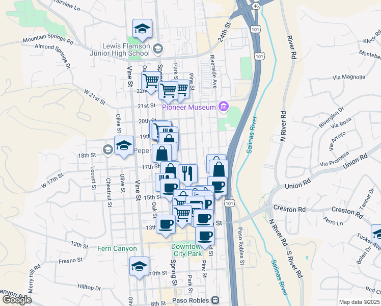 map of restaurants, bars, coffee shops, grocery stores, and more near 832 18th Street in Paso Robles