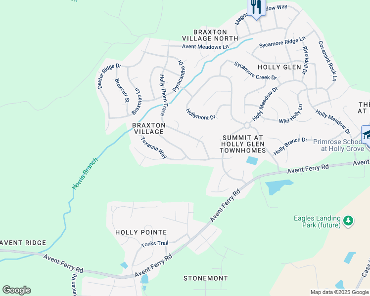 map of restaurants, bars, coffee shops, grocery stores, and more near 408 Texanna Way in Holly Springs