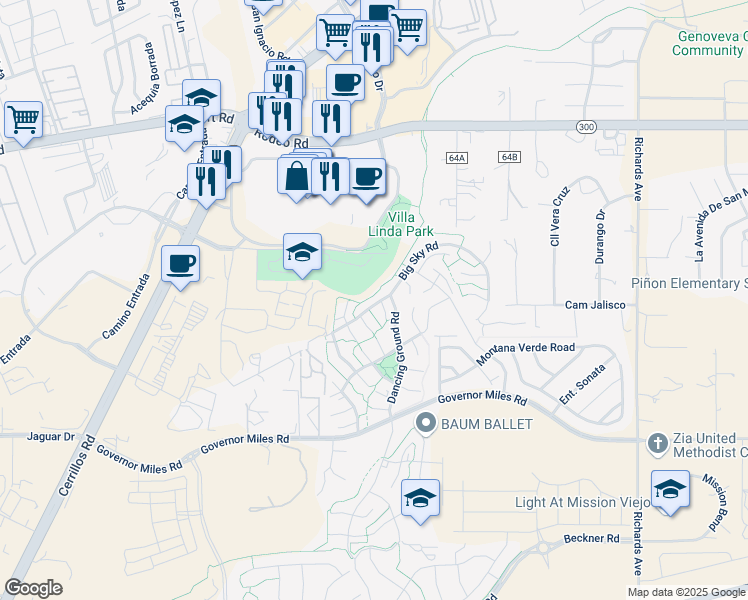 map of restaurants, bars, coffee shops, grocery stores, and more near 4237 Big Sky Road in Santa Fe