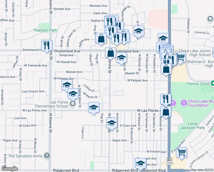 map of restaurants, bars, coffee shops, grocery stores, and more near 635 North Norma Street in Ridgecrest