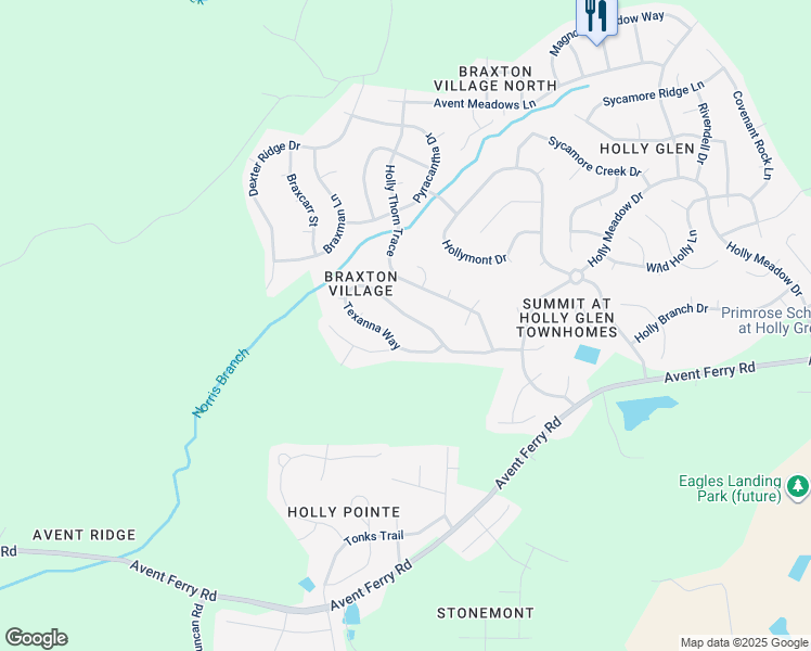 map of restaurants, bars, coffee shops, grocery stores, and more near 425 Texanna Way in Holly Springs