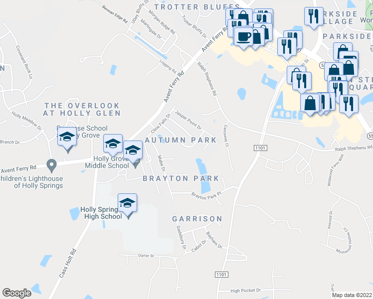 map of restaurants, bars, coffee shops, grocery stores, and more near 156 Chandler Springs Drive in Holly Springs