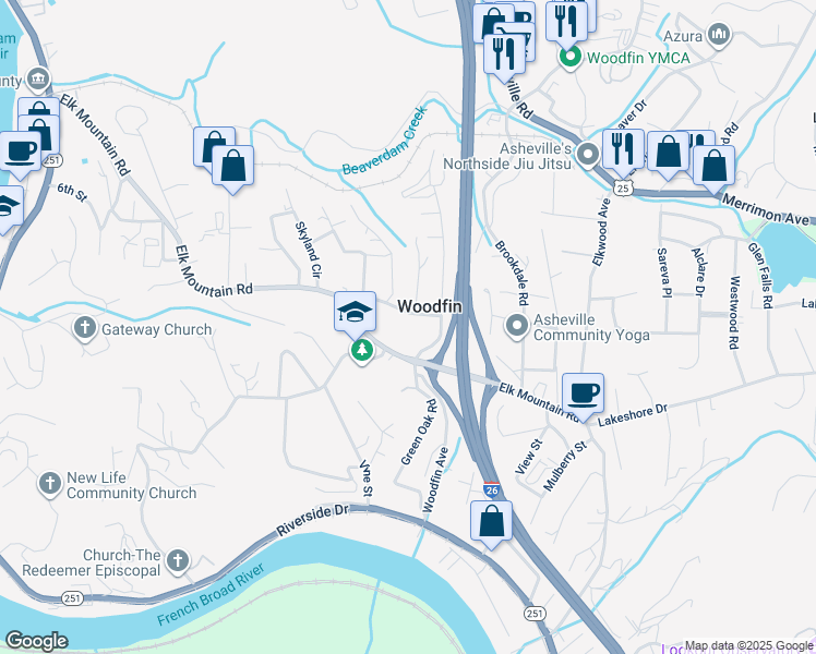 map of restaurants, bars, coffee shops, grocery stores, and more near Cottage Street in Asheville