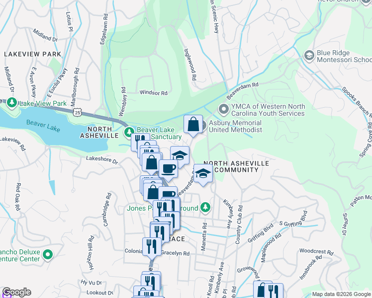 map of restaurants, bars, coffee shops, grocery stores, and more near 148 Beaverdam Road in Asheville