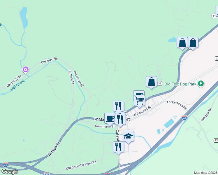 map of restaurants, bars, coffee shops, grocery stores, and more near 29 Reservoir Drive in Old Fort