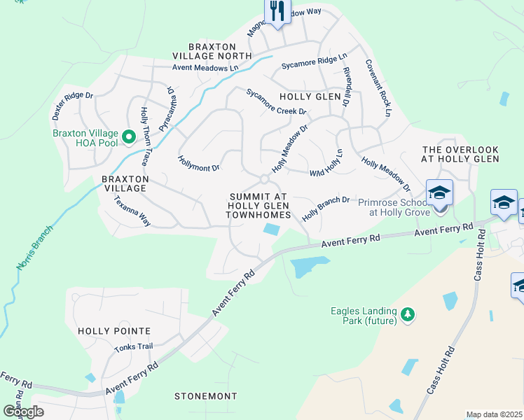 map of restaurants, bars, coffee shops, grocery stores, and more near 128 Summit Oaks Lane in Holly Springs