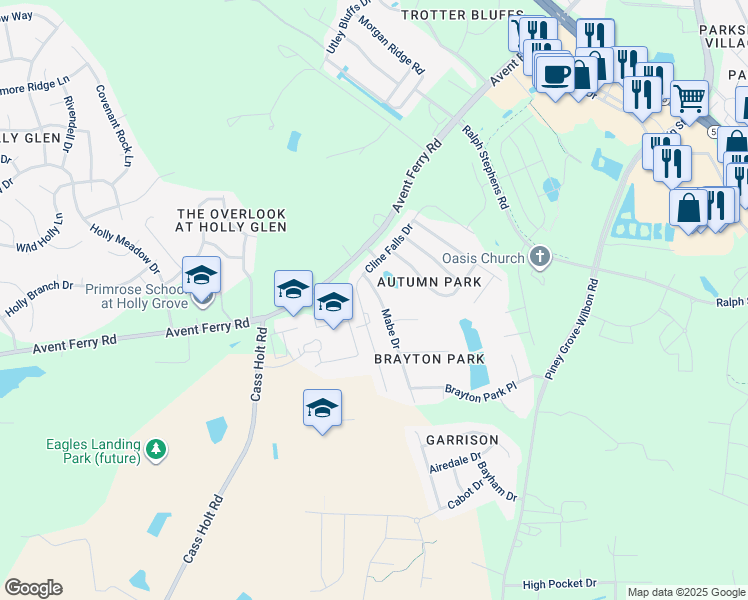 map of restaurants, bars, coffee shops, grocery stores, and more near 5124 Mabe Drive in Holly Springs