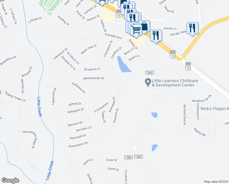 map of restaurants, bars, coffee shops, grocery stores, and more near 637 Avondale Drive in Clayton