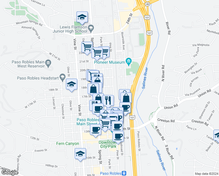 map of restaurants, bars, coffee shops, grocery stores, and more near 832 18th Street in Paso Robles