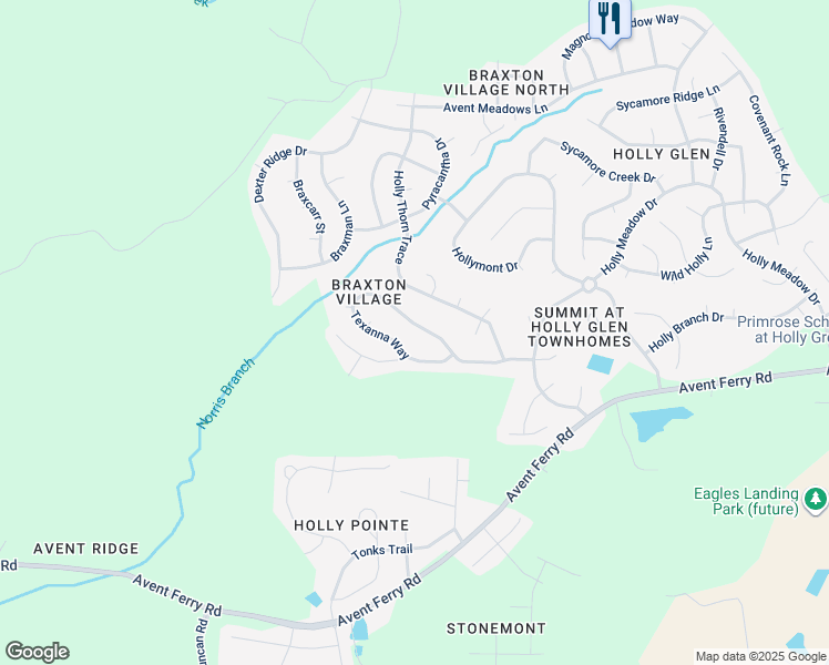 map of restaurants, bars, coffee shops, grocery stores, and more near 425 Texanna Way in Holly Springs