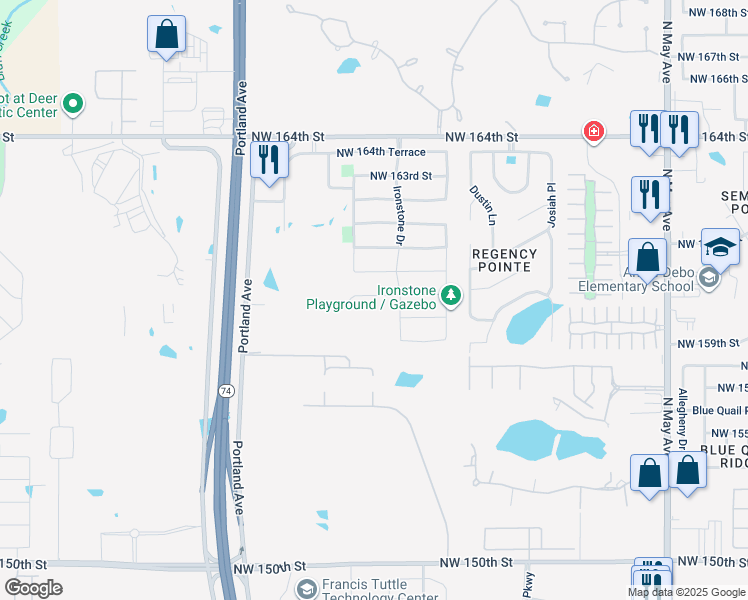 map of restaurants, bars, coffee shops, grocery stores, and more near 15905 Ironstone Drive in Edmond