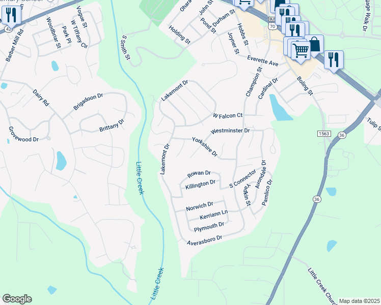 map of restaurants, bars, coffee shops, grocery stores, and more near 507 Westminster Drive in Clayton