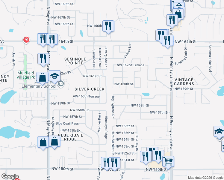 map of restaurants, bars, coffee shops, grocery stores, and more near 16001 Big Cypress Drive in Edmond