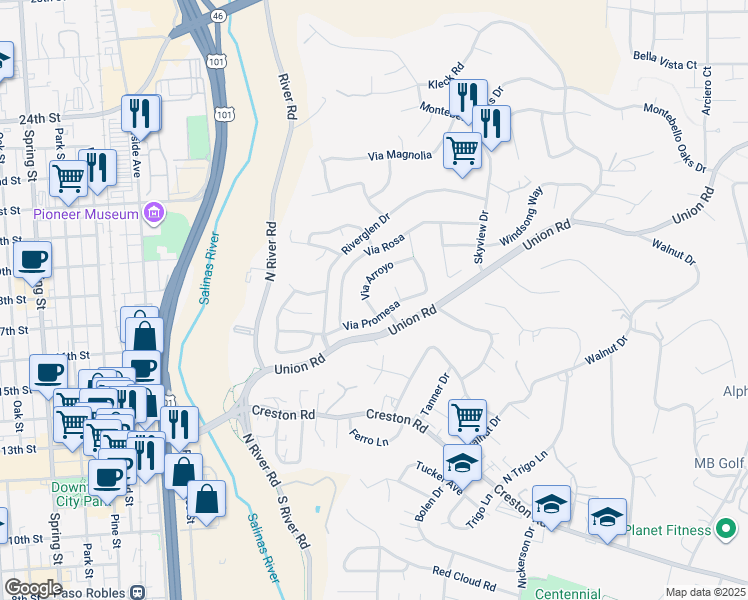 map of restaurants, bars, coffee shops, grocery stores, and more near 1532 Via Arroyo in Paso Robles