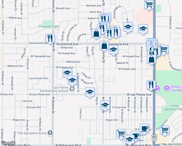 map of restaurants, bars, coffee shops, grocery stores, and more near 544 Trisha Court in Ridgecrest