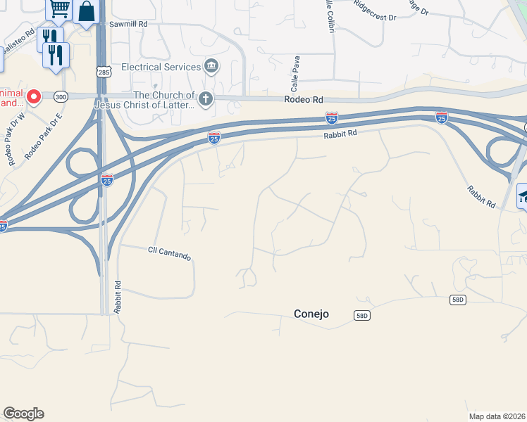 map of restaurants, bars, coffee shops, grocery stores, and more near 28 Camino Mariquita in Santa Fe