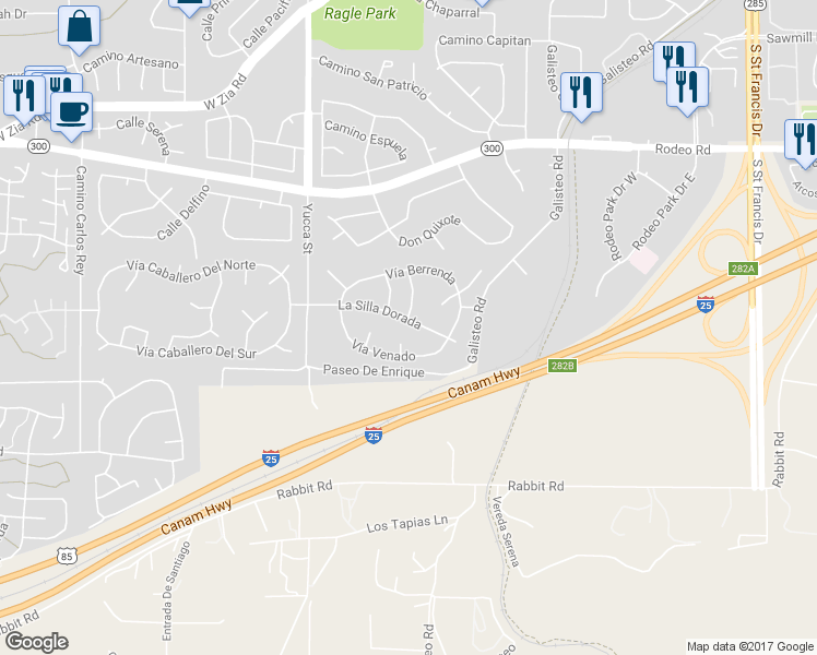 map of restaurants, bars, coffee shops, grocery stores, and more near 2732 La Silla Dorada in Santa Fe