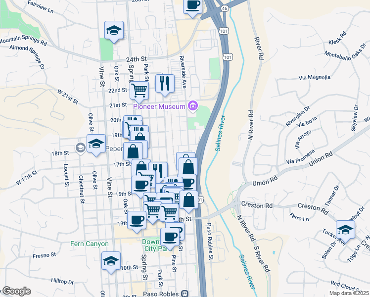 map of restaurants, bars, coffee shops, grocery stores, and more near 1720 Riverside Avenue in Paso Robles