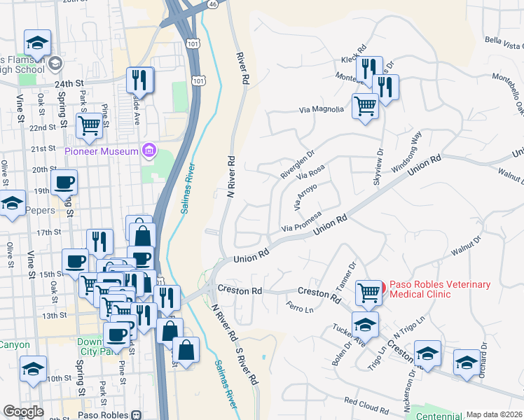 map of restaurants, bars, coffee shops, grocery stores, and more near 114 El Dorado Court in Paso Robles