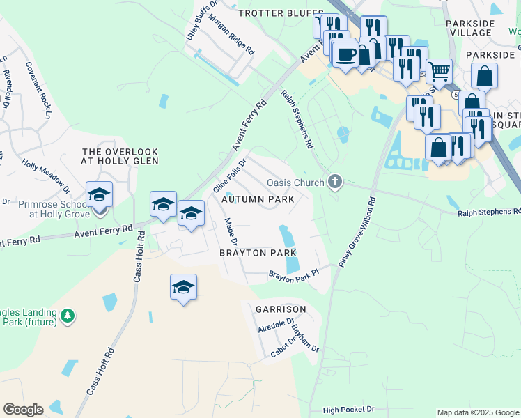 map of restaurants, bars, coffee shops, grocery stores, and more near 148 Chandler Springs Drive in Holly Springs