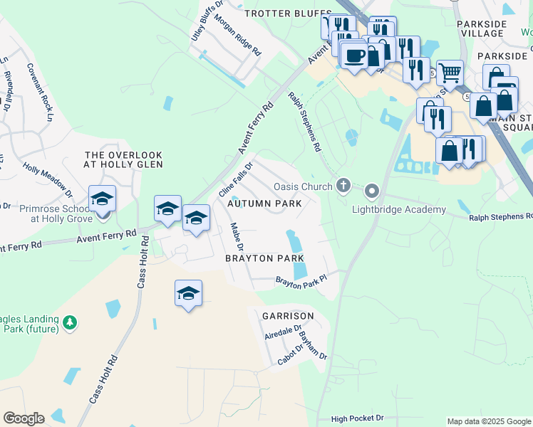map of restaurants, bars, coffee shops, grocery stores, and more near 148 Chandler Springs Drive in Holly Springs