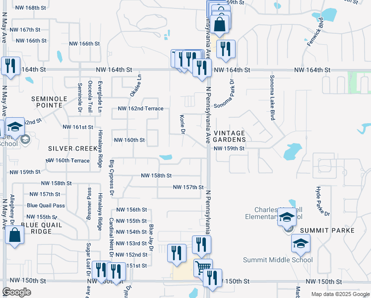 map of restaurants, bars, coffee shops, grocery stores, and more near 15924 Korie Drive in Edmond