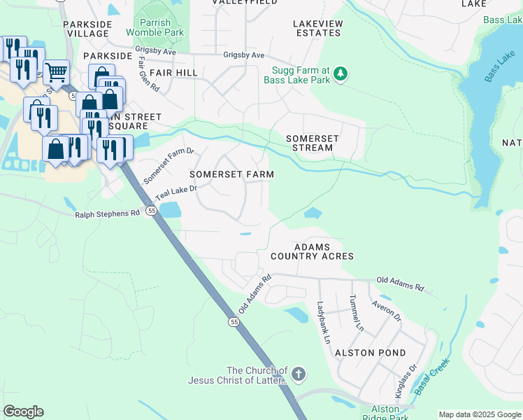 map of restaurants, bars, coffee shops, grocery stores, and more near 224 Hidden Farm Lane in Holly Springs