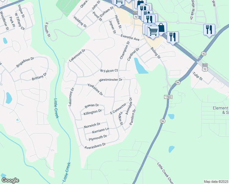map of restaurants, bars, coffee shops, grocery stores, and more near 632 Champion Street in Clayton