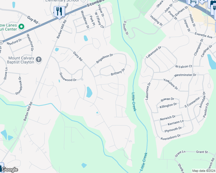 map of restaurants, bars, coffee shops, grocery stores, and more near West Saddle Court in Johnston County